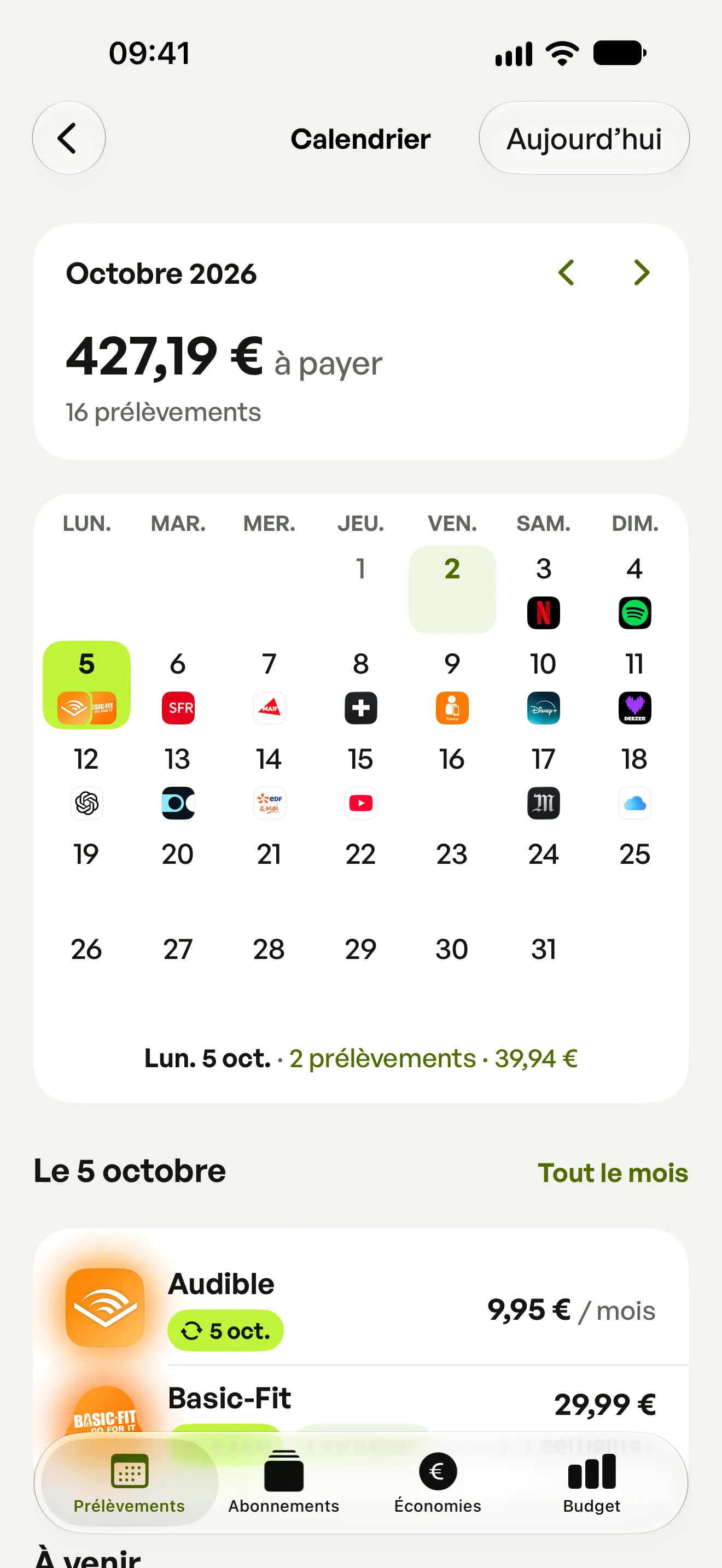 Le calendrier Spook affiche les prélèvements d’octobre, avec Audible et Basic-Fit sélectionnés le 4.