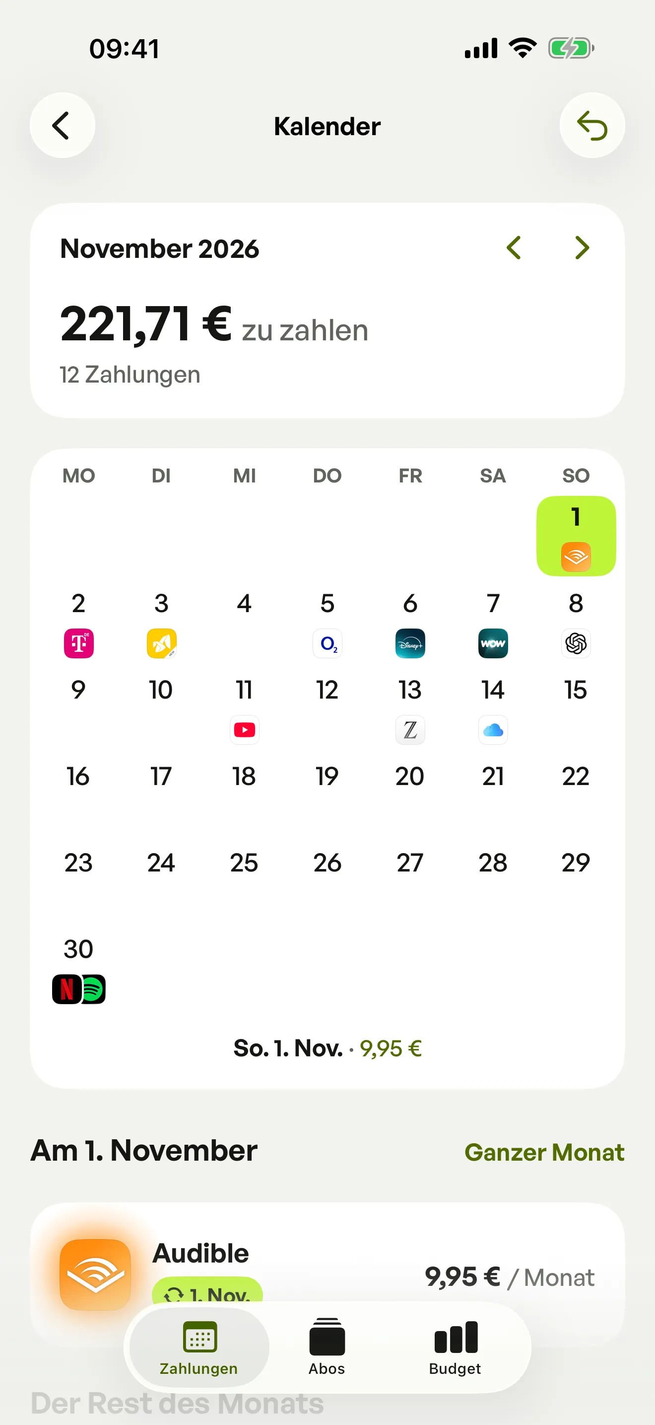 Der Spook-Kalender für November: 12 Zahlungen, jede mit dem Logo ihres Dienstes an ihrem Tag, darunter Audible, Telekom, O2 und Netflix.