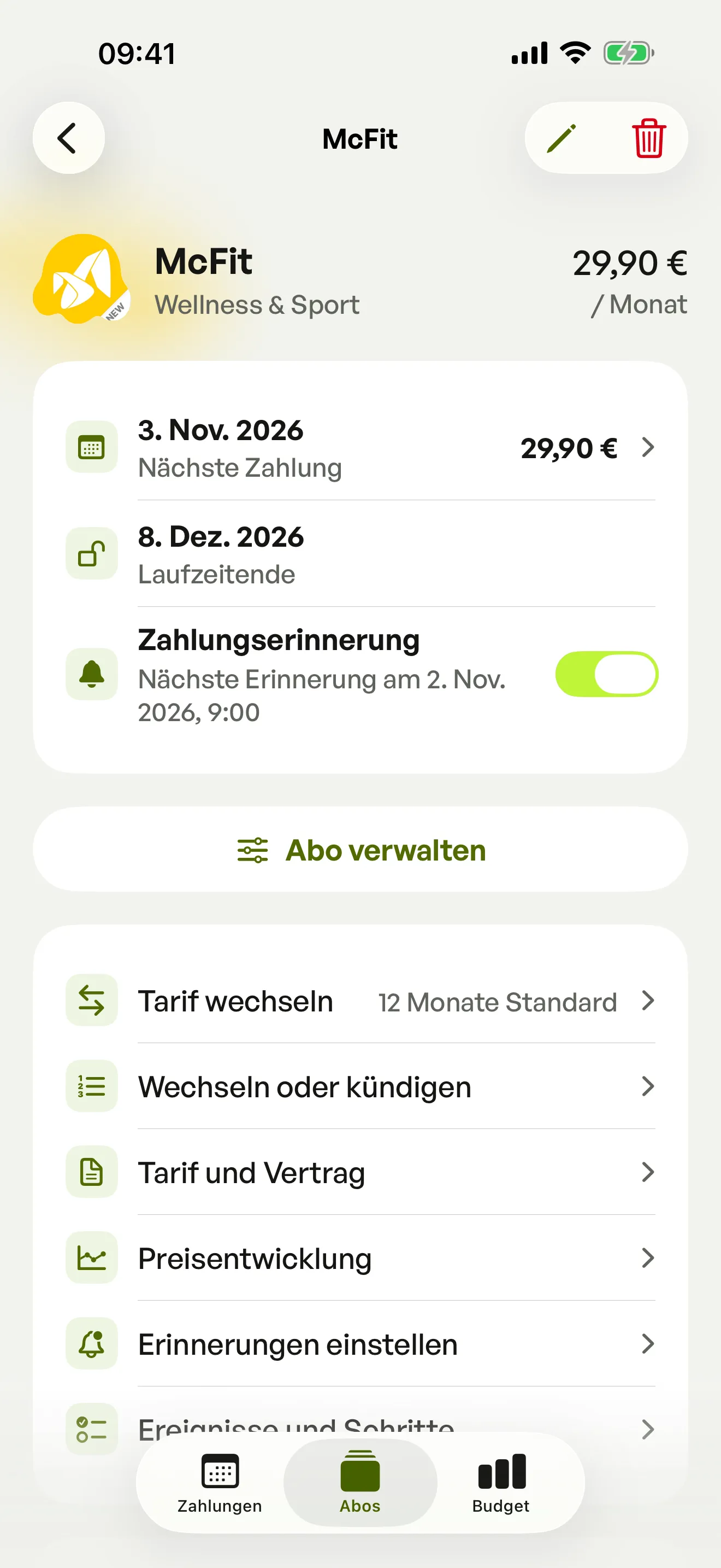 Die Seite von McFit in Spook mit Preis, nächster Zahlung, Laufzeitende und eingeschalteter Zahlungserinnerung.