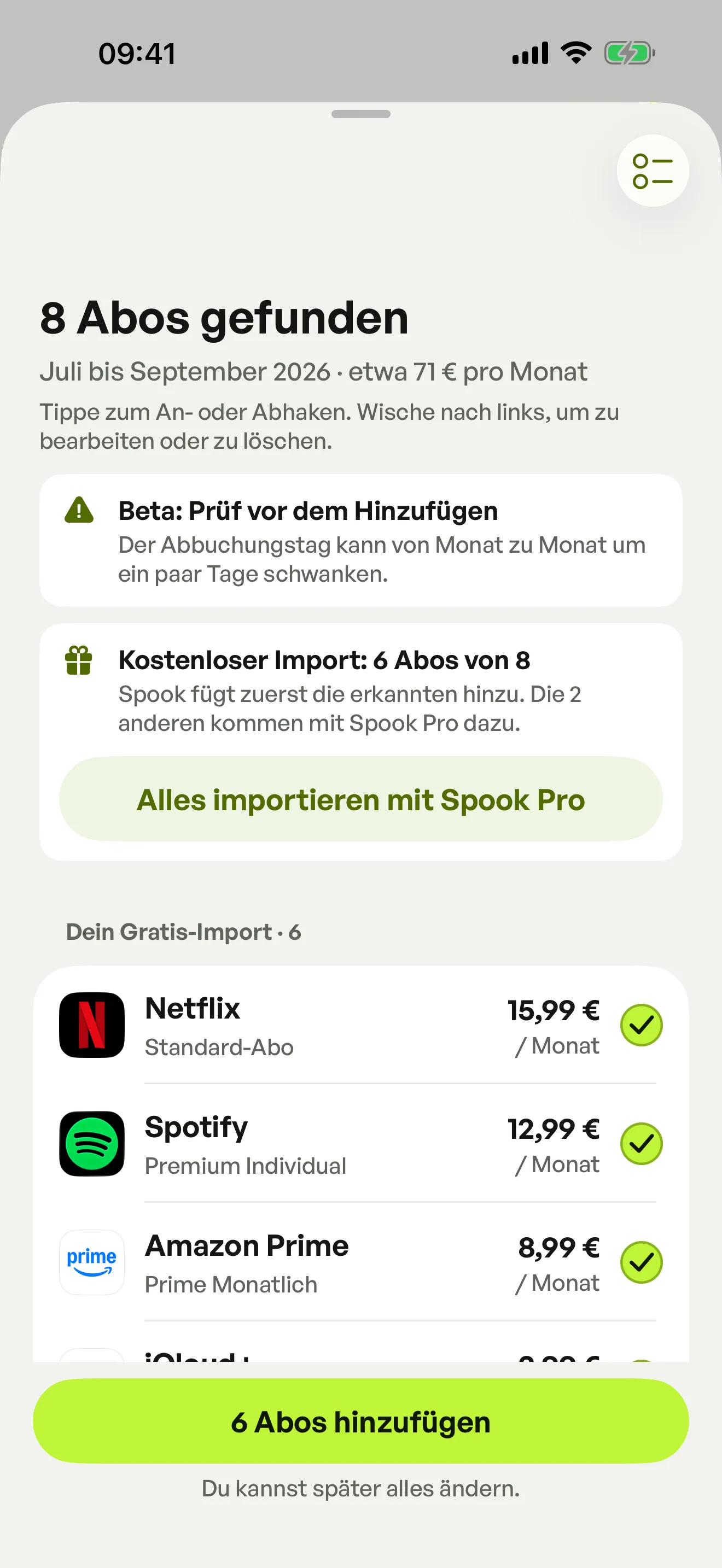Spook hat 8 Abos in einem Kontoauszug gefunden, darunter Netflix, Spotify und Amazon Prime, bereit zum Hinzufügen.