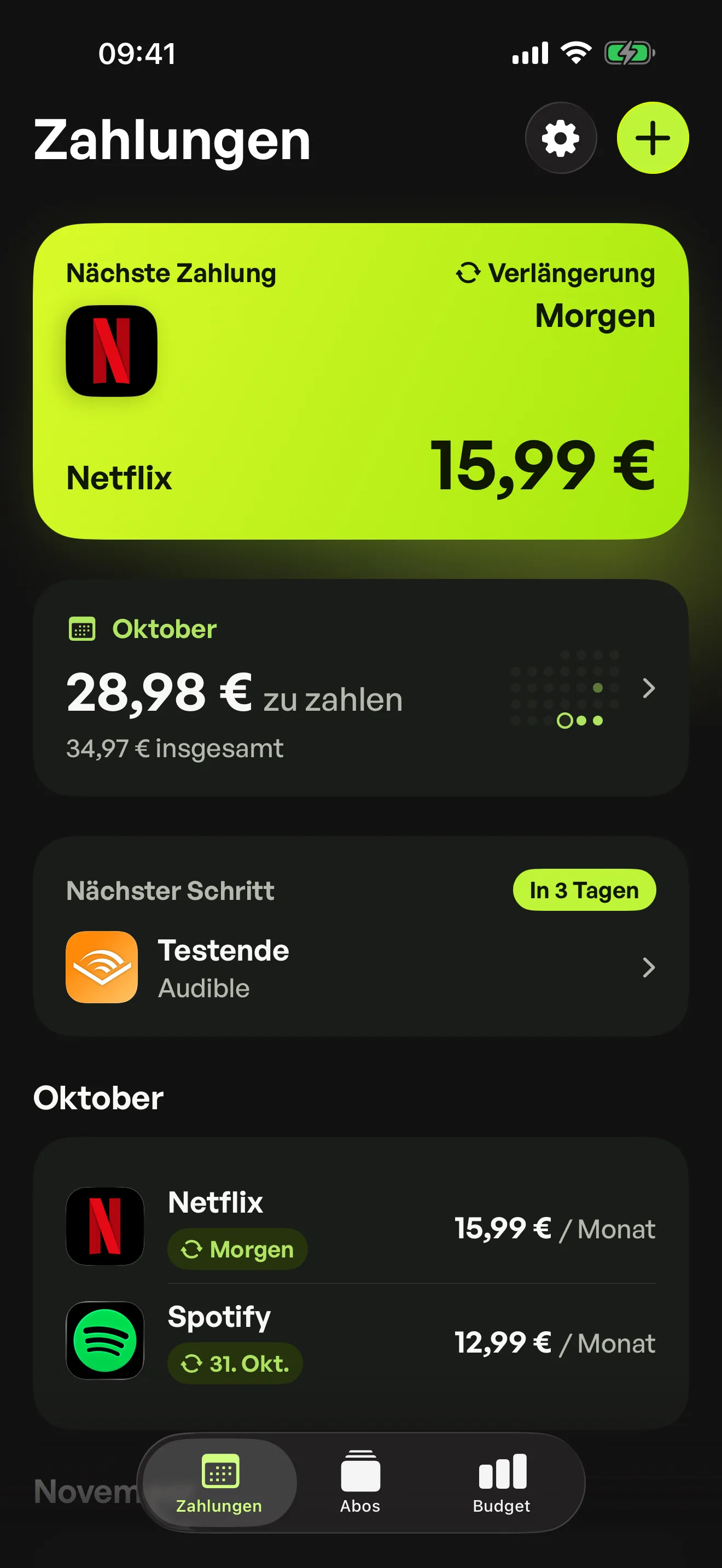 Der Bildschirm Zahlungen in Spook: Netflix wird morgen fällig, und der Gratis-Test von Audible endet in drei Tagen.