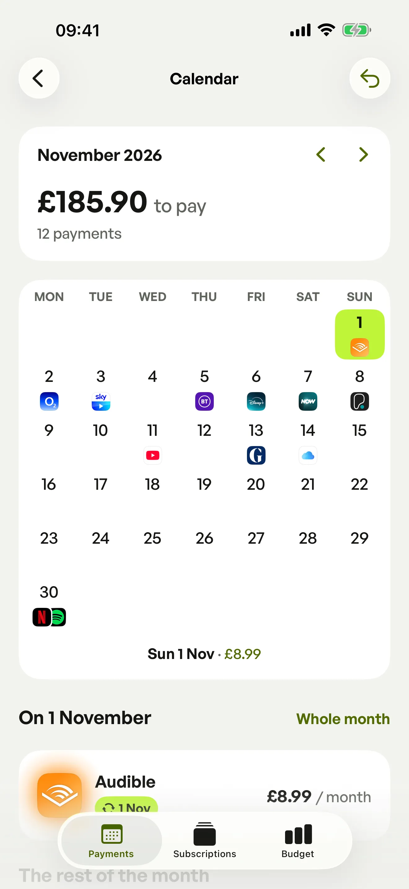 The Spook calendar for November: 12 payments, each shown with its service’s logo on its day.
