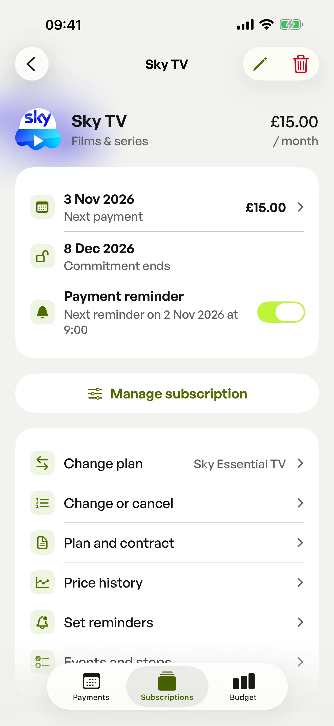 The Sky TV page in Spook with its price, its next payment, the end of its commitment and its payment reminder.