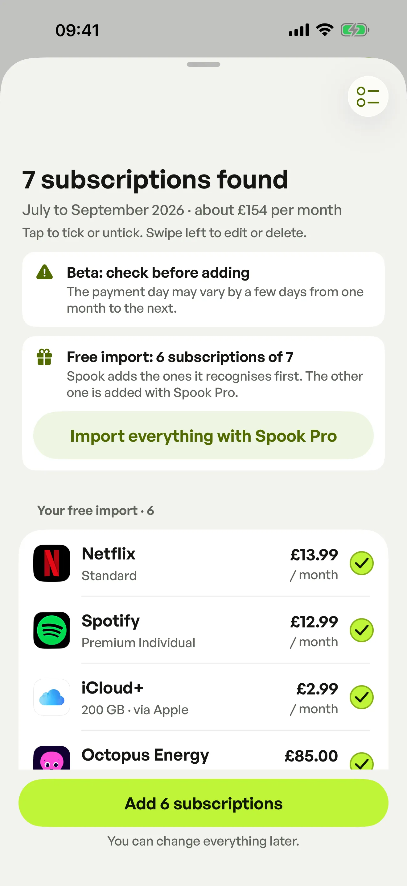 Spook has found 7 subscriptions in a bank statement, including Netflix, Spotify and iCloud+, ready to add.