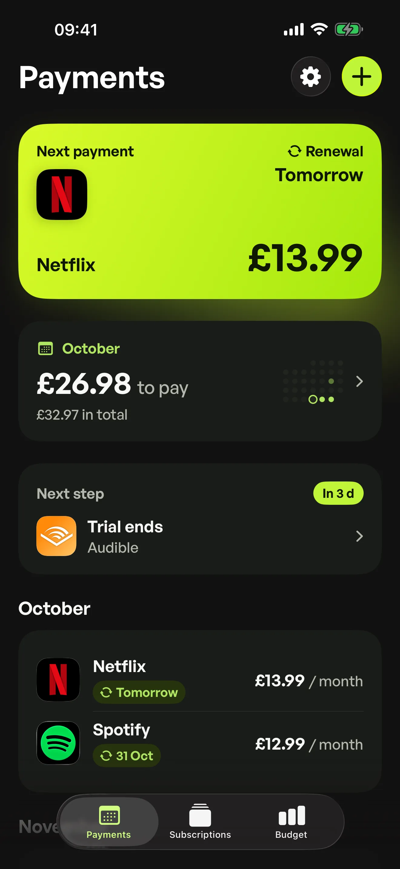The Payments screen in Spook: Netflix is due tomorrow, and the Audible free trial ends in three days.