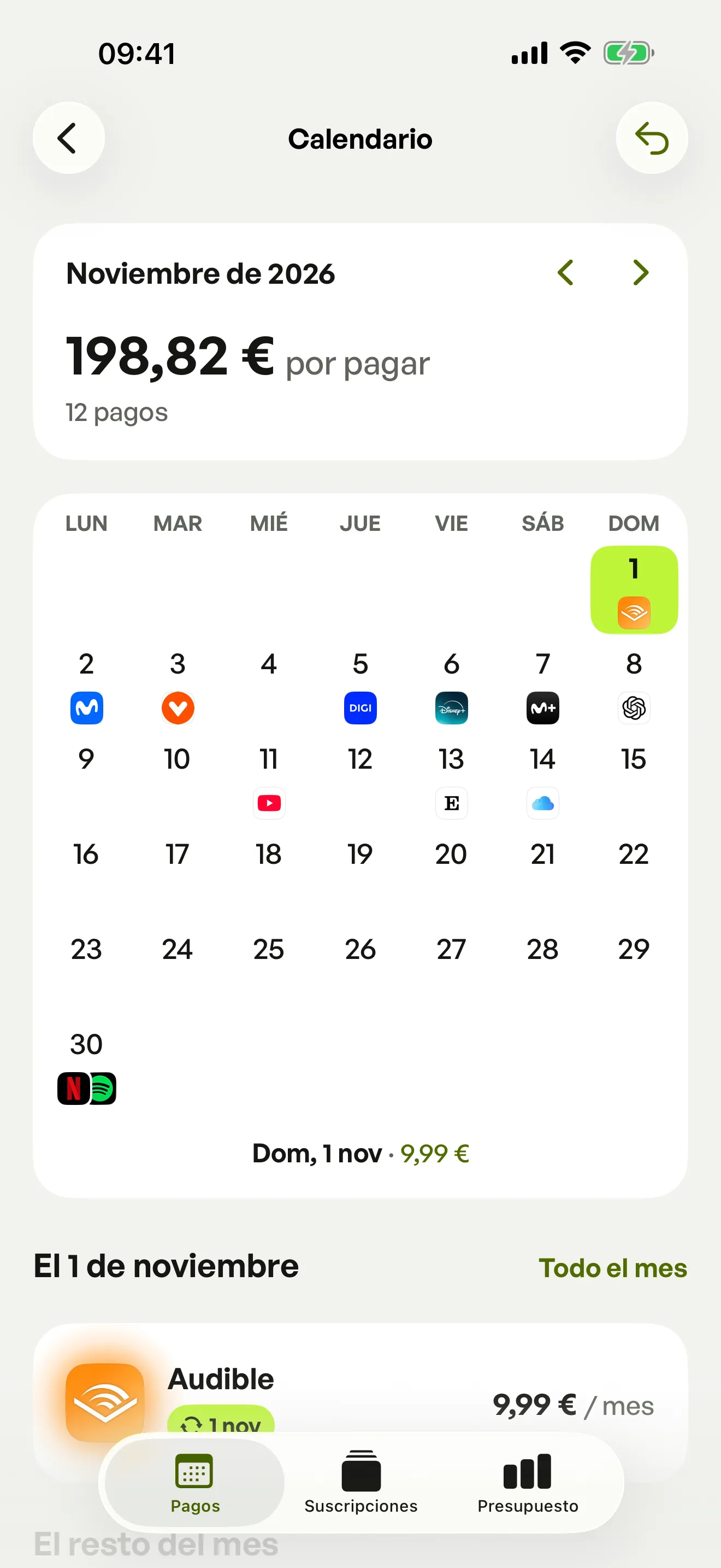 El calendario de Spook en noviembre de 2026: 12 pagos, cada uno con el logo de su servicio en su día, y Audible seleccionado el día 1.
