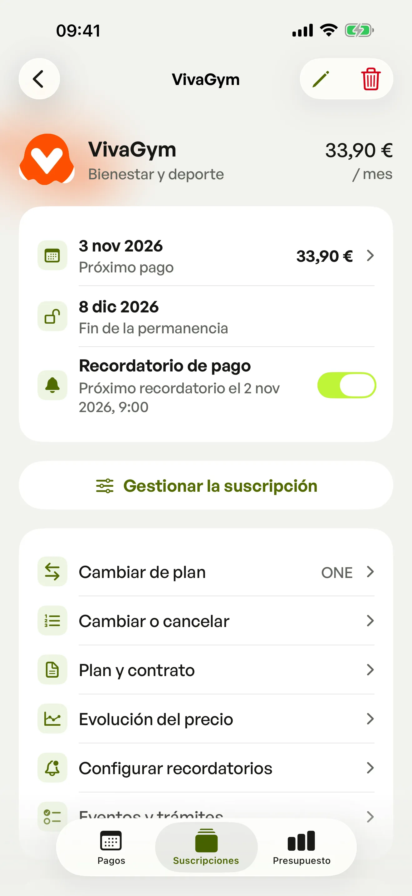 La ficha de VivaGym en Spook con su precio, su próximo pago, el fin de la permanencia y su recordatorio de pago activado.