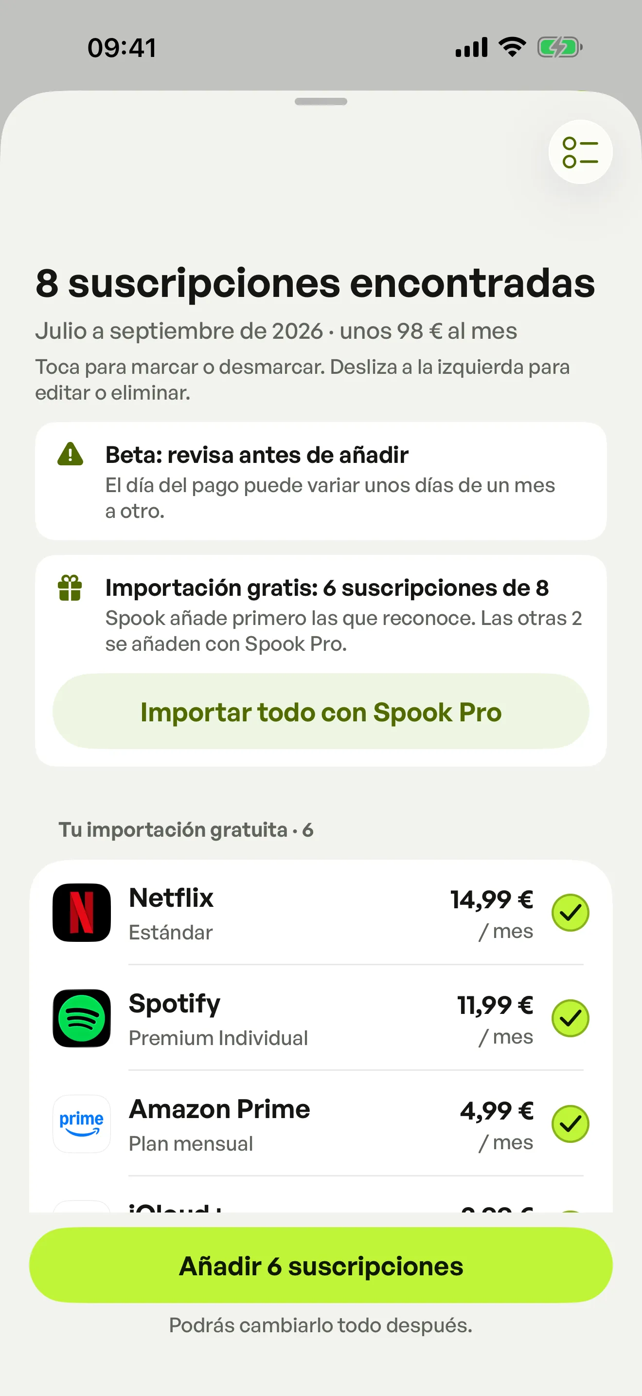 Spook ha encontrado 8 suscripciones en un extracto bancario, entre ellas Netflix, Spotify y Amazon Prime, y propone añadir 6 en la importación gratuita.