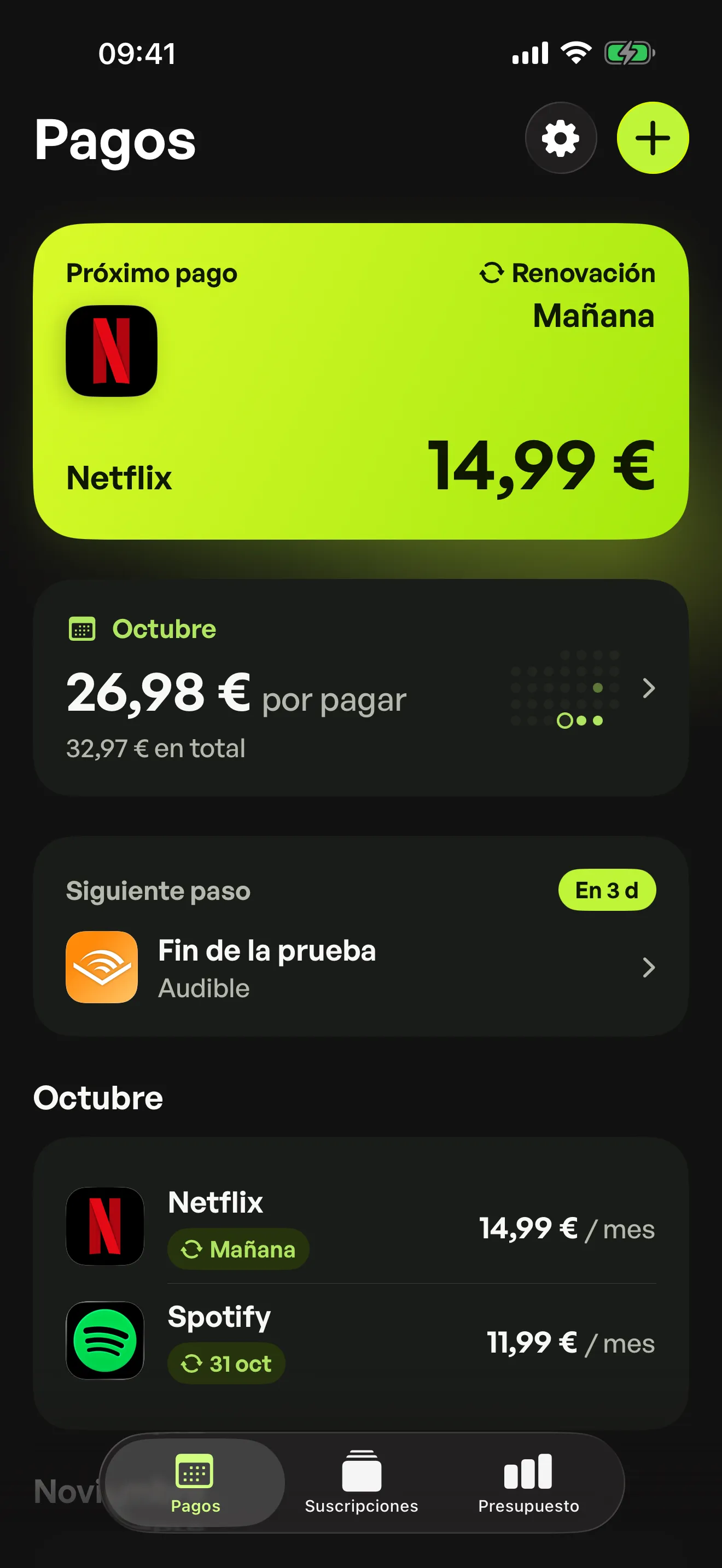 La pantalla Pagos de Spook: Netflix se renueva mañana, la prueba gratuita de Audible termina en 3 días y Spotify se paga el 31 de octubre.
