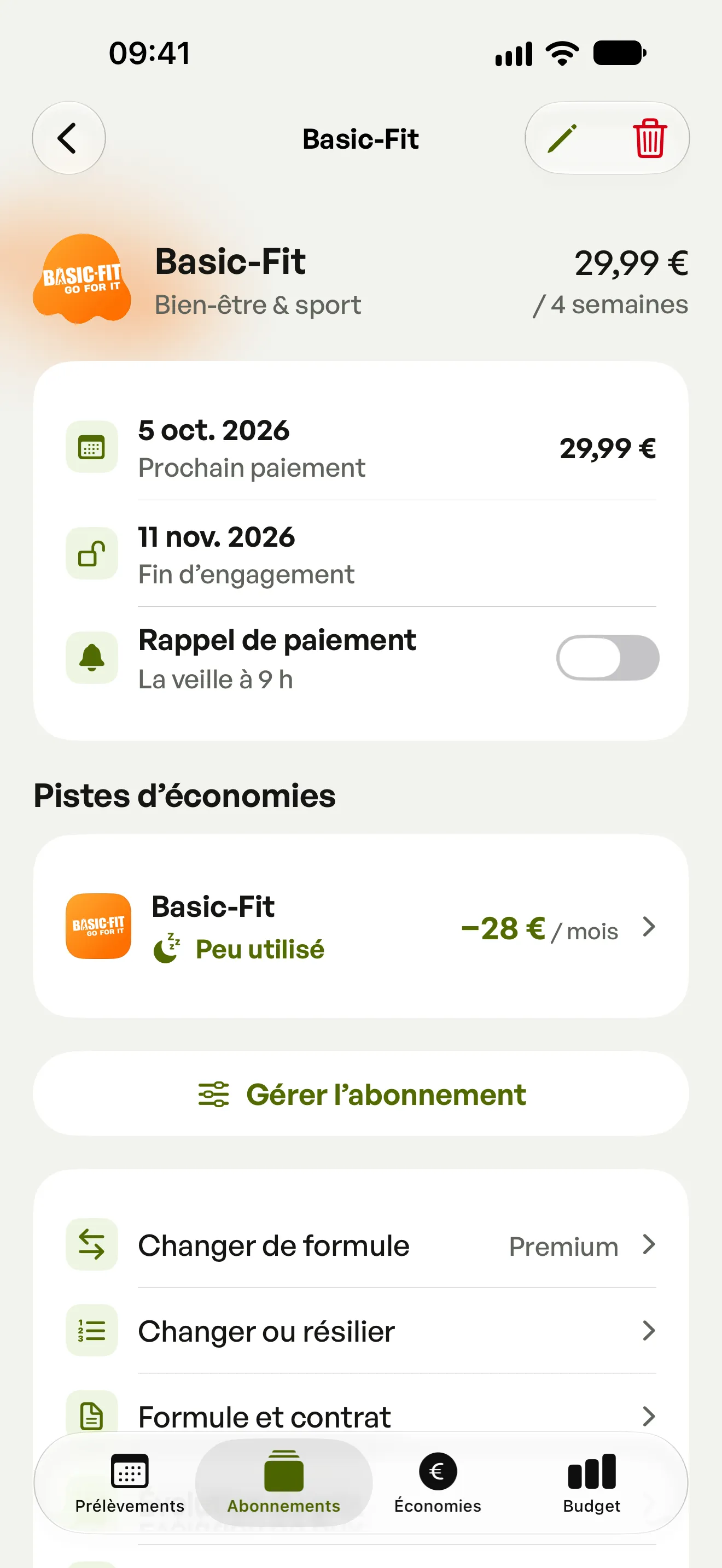 La fiche Basic-Fit dans Spook avec son prix, ses échéances et ses informations de résiliation.